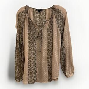 Roz & Ali Women's Large Boho Batik Blouse Sheer Floral Green Tan Flowy Metallic